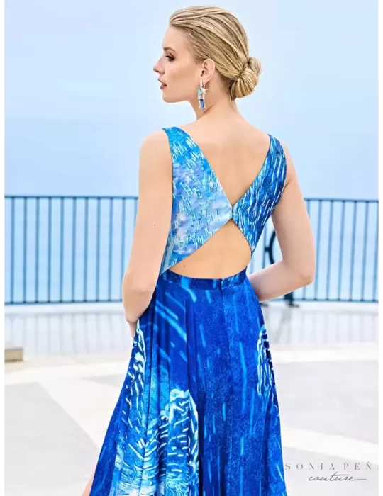 Sonia Pena royal blue sea print long formal dress front split