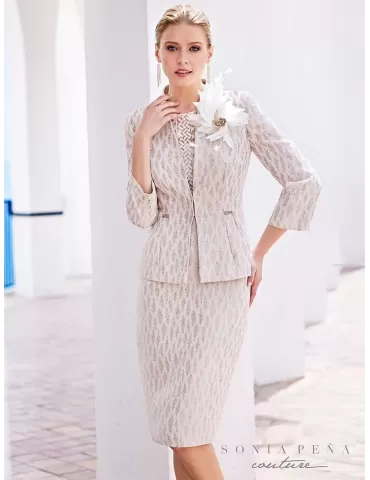 Sonia Pena Couture gold brocade formal dress and jacket suit