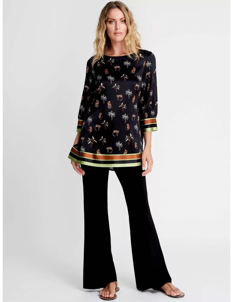 Piero Moretti black silk satin safari printed long blouse shirt