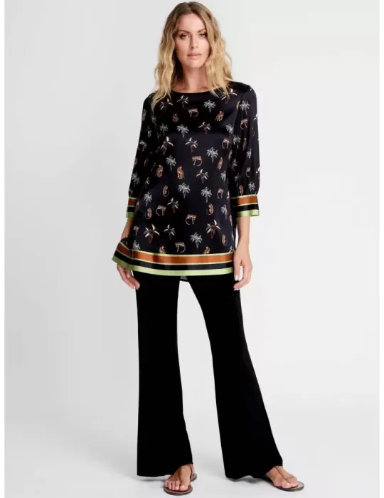Piero Moretti 2023 | Black silk satin safari printed long blouse shirt