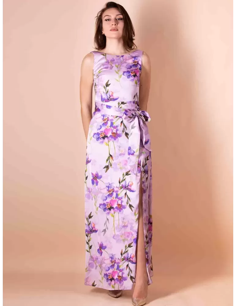 Casting 2023 | Abito lungo in raso lilla fiori con spacco fino tg 54