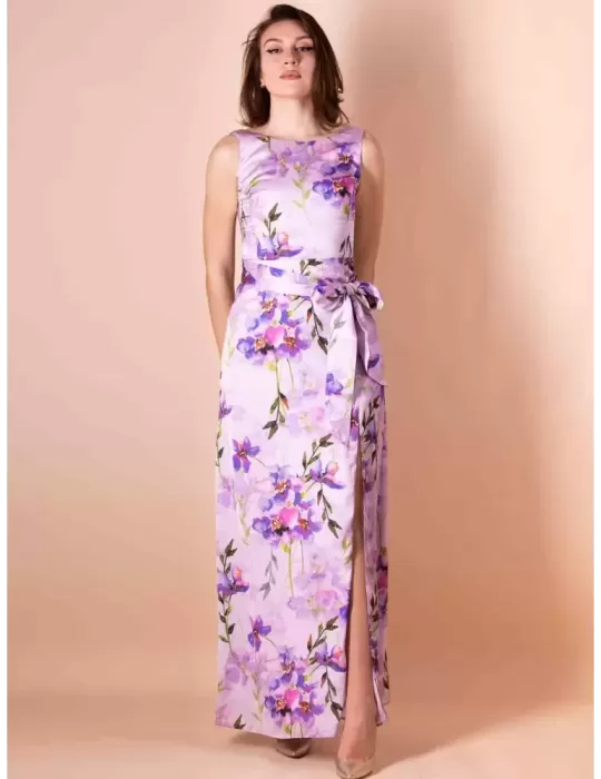 Casting 2023 | Abito lungo in raso lilla fiori con spacco fino tg 54