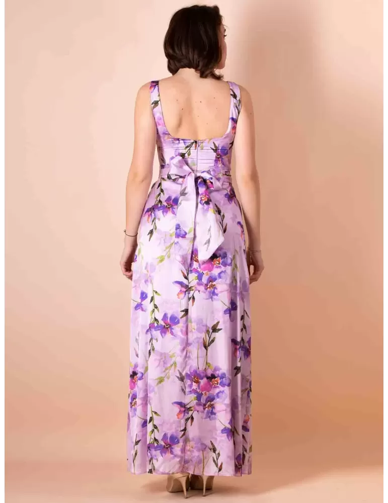 Casting 2023 | Abito lungo in raso lilla fiori con spacco fino tg 54