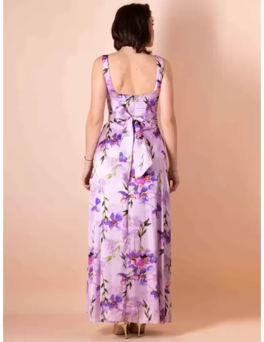 Casting 2023 | Abito lungo in raso lilla fiori con spacco fino tg 54