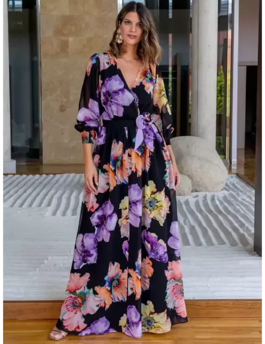 Plus size wide black silk orange and lilac flowers dress by Evassè Plus size wide black silk orange and lilac flowers dress by Evassè