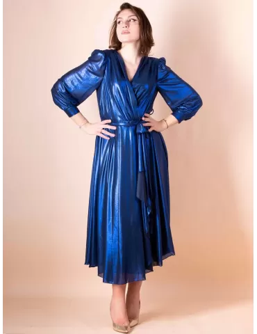 Sonia Pena 1230079 |Royal blue lurex silk crossover wrapped midi dress 2