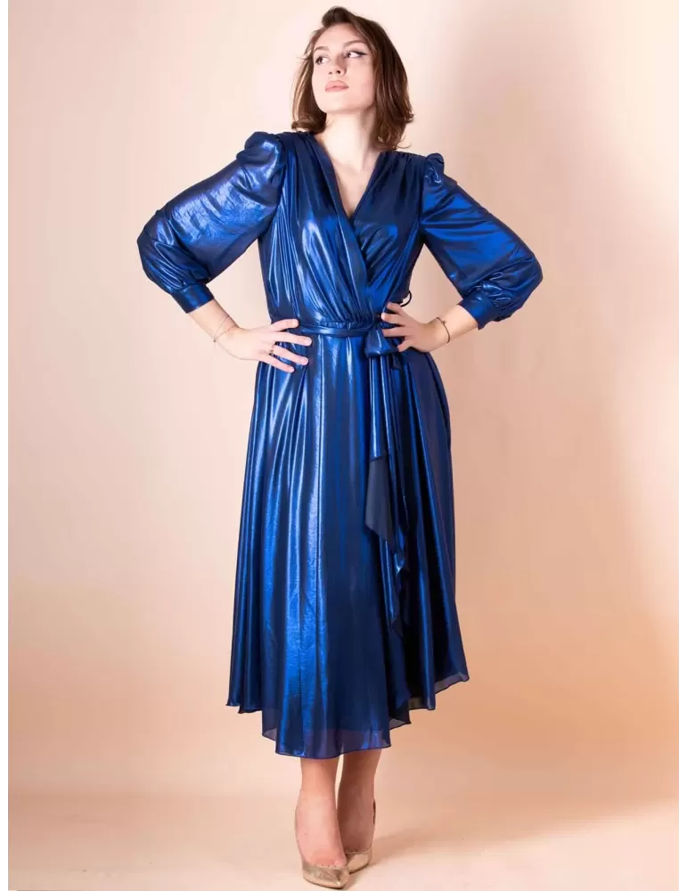 Sonia Pena royal blue lurex silk crossover wrapped midi dress