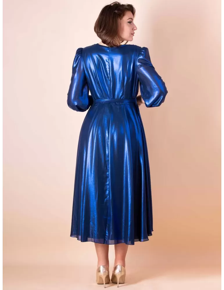 Sonia Pena 1230079 Abito midi lurex azzurro con drappeggi fino tg 52