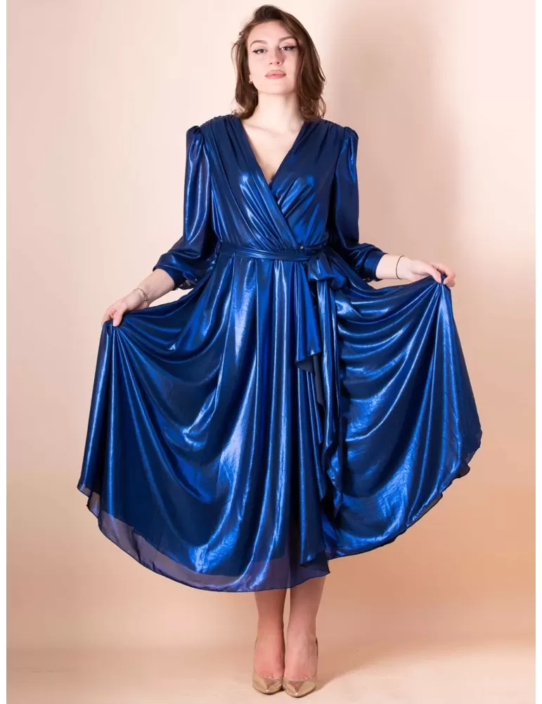Sonia Pena royal blue lurex silk crossover wrapped midi dress
