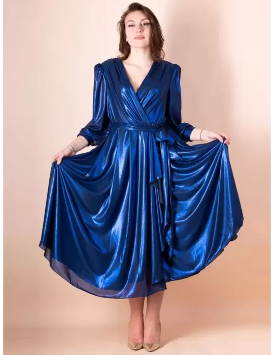 Sonia Pena royal blue lurex silk crossover wrapped midi dress