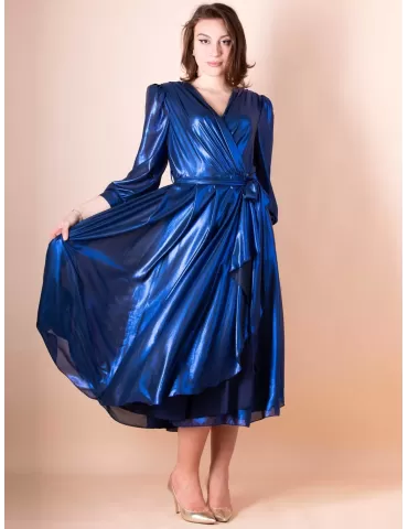 Sonia Pena royal blue lurex silk crossover wrapped midi dress