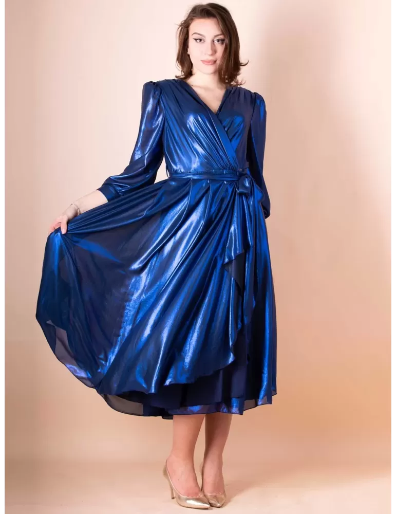 Sonia Pena royal blue lurex silk crossover wrapped midi dress Sonia Pena royal blue lurex silk crossover wrapped midi dress