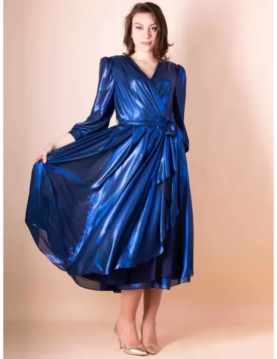 Sonia Pena royal blue lurex silk crossover wrapped midi dress Sonia Pena royal blue lurex silk crossover wrapped midi dress