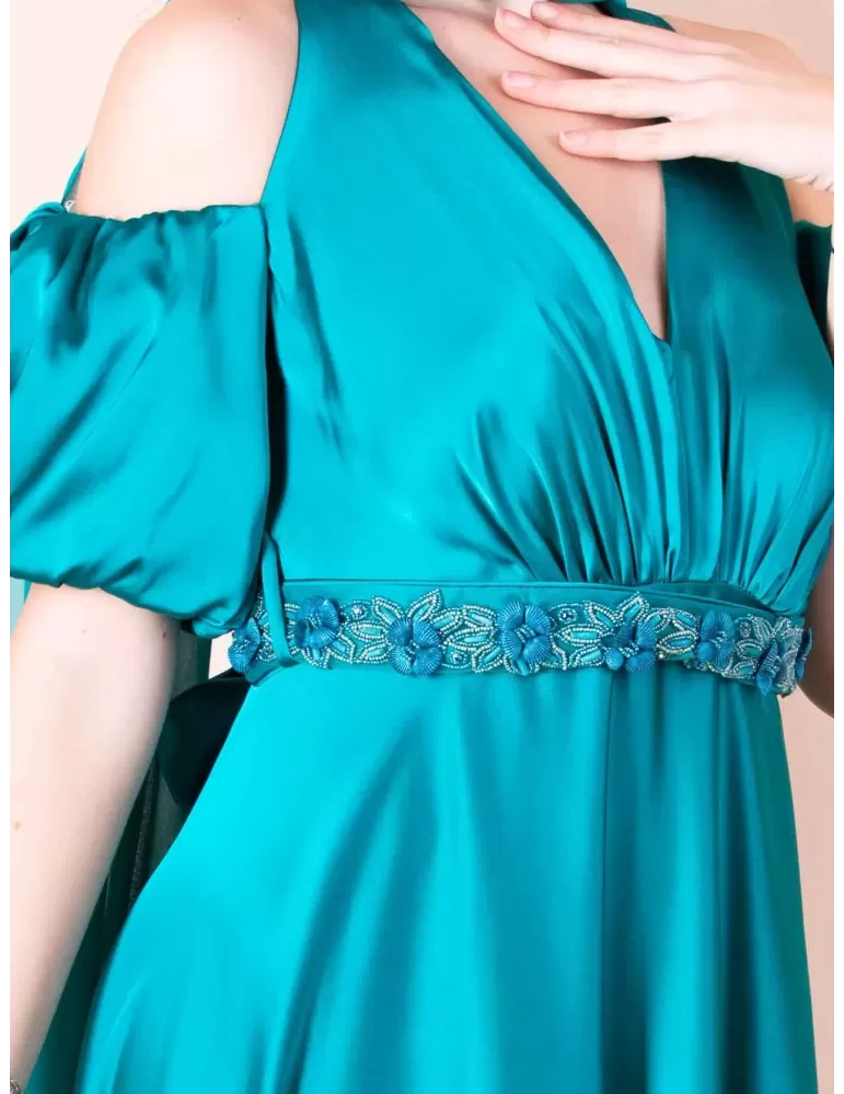 Sonia Pena 1230062A | Green turquoise silk long dress puff sleeves