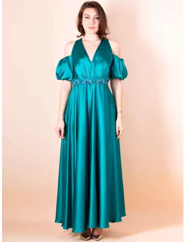 Sonia Pena plain green turquoise silk long dress puff sleeves