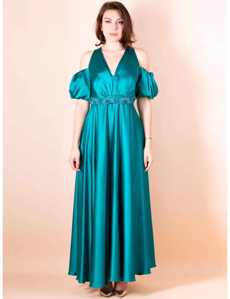 Sonia Pena plain green turquoise silk long dress puff sleeves Sonia Pena plain green turquoise silk long dress puff sleeves