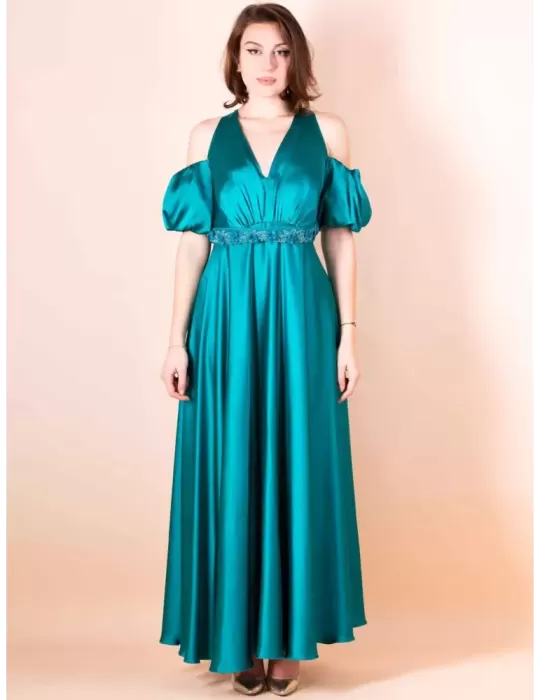 Sonia Pena 1230062A | Green turquoise silk long dress puff sleeves Sonia Pena 1230062A | Green turquoise silk long dress puff sleeves
