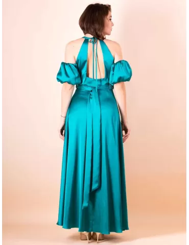 Sonia Pena plain green turquoise silk long dress puff sleeves 2