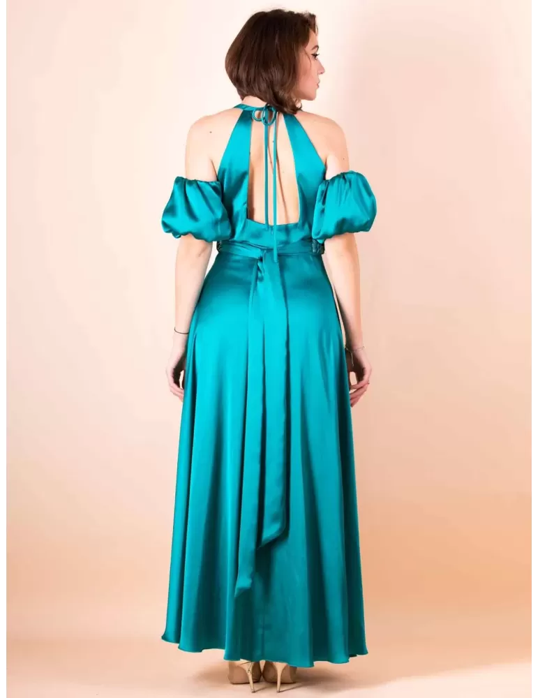 Sonia Pena plain green turquoise silk long dress puff sleeves