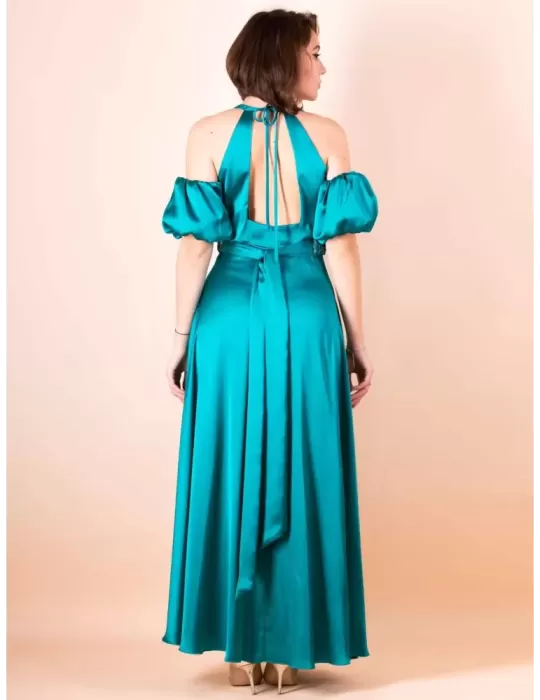 Sonia Pena 1230062A | Green turquoise silk long dress puff sleeves