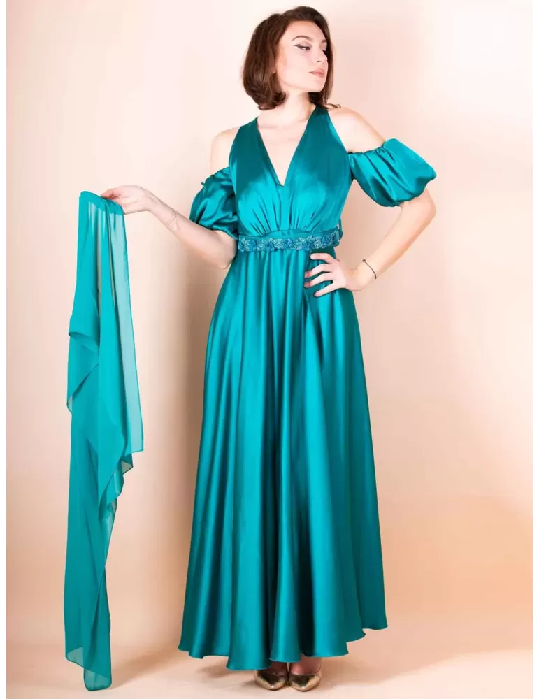 Sonia Pena 1230062A | Green turquoise silk long dress puff sleeves