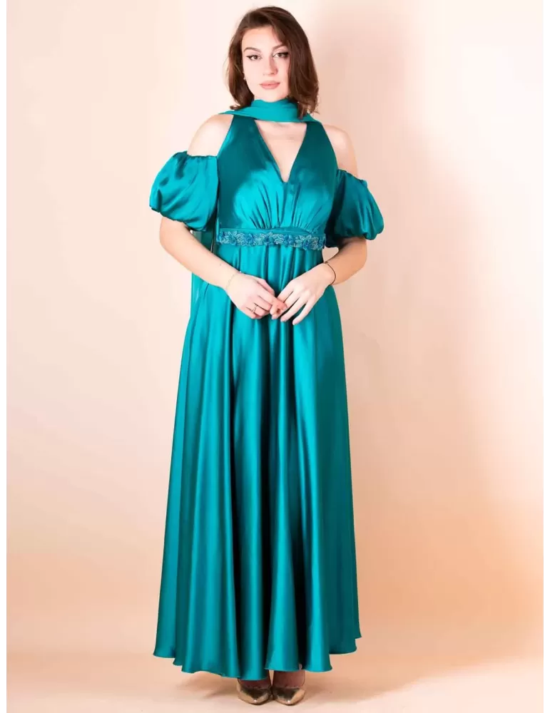Sonia Pena plain green turquoise silk long dress puff sleeves