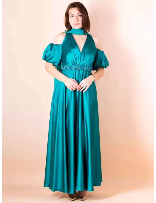 Sonia Pena 1230062A | Green turquoise silk long dress puff sleeves