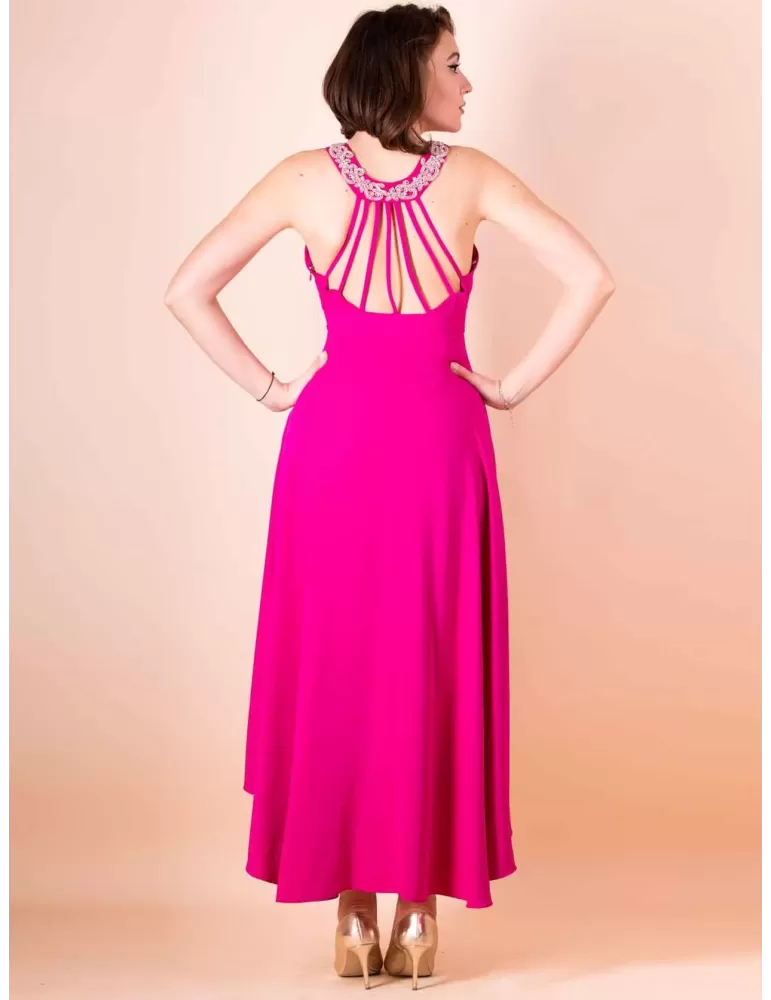 Sonia Pena 1230065 | Fuchsia low neck skater long dress with rhinestones