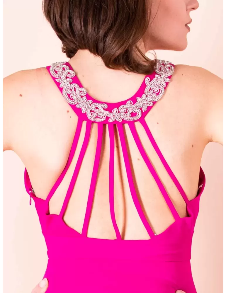 Sonia Pena 1230065 | Fuchsia low neck skater long dress with rhinestones