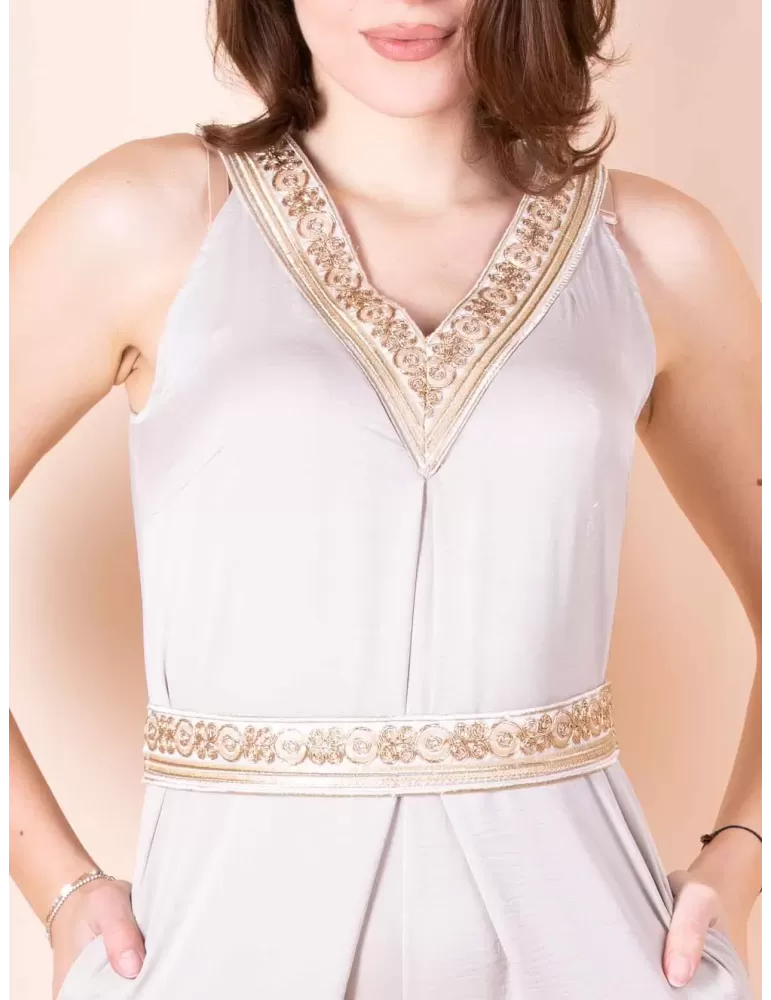 Casting dark blue maxi jumpsuit with gold embroideries