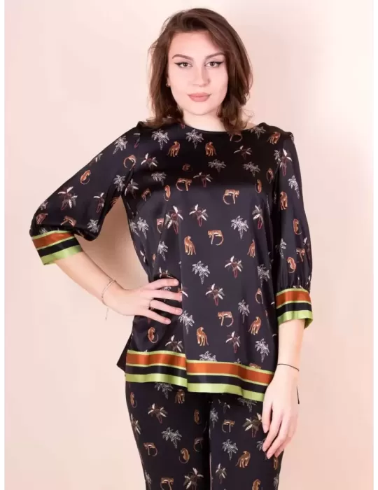 Piero Moretti black silk satin safari printed long blouse shirt