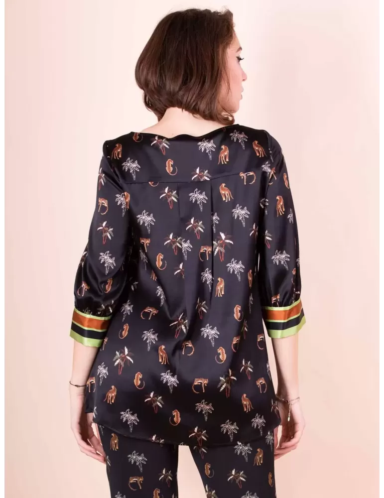 Piero Moretti black silk satin safari printed long blouse shirt
