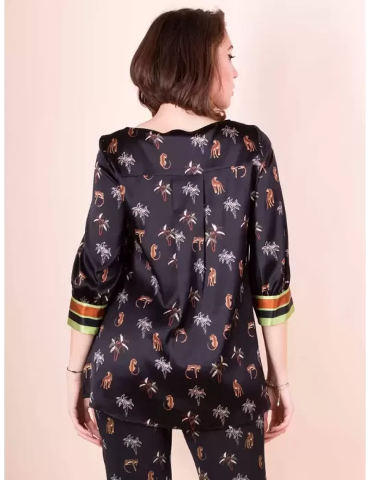Piero Moretti black silk satin safari printed long blouse shirt