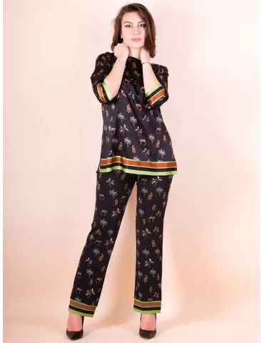 Piero Moretti black silk satin safari printed long blouse shirt 2