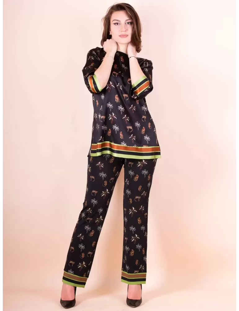 Piero Moretti 2023 | Black silk satin safari printed long blouse shirt