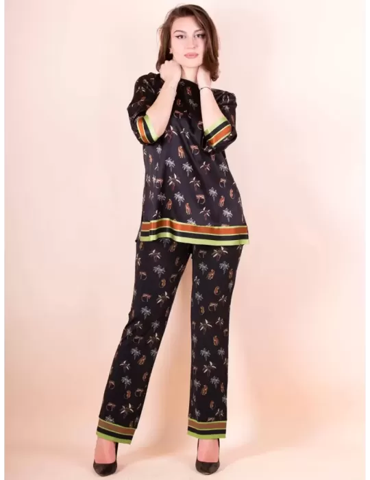 Piero Moretti black silk satin safari printed long blouse shirt
