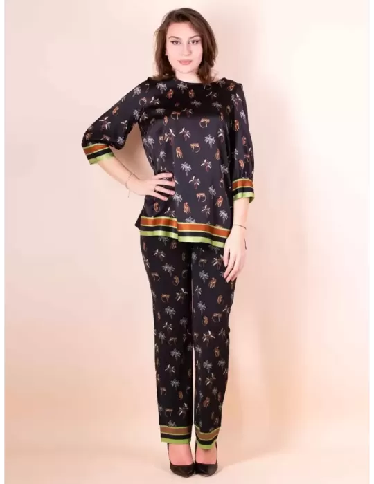 Piero Moretti black silk satin safari printed long blouse shirt