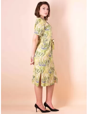 Paz Torras light cotton green safari pattern open midi dress 2