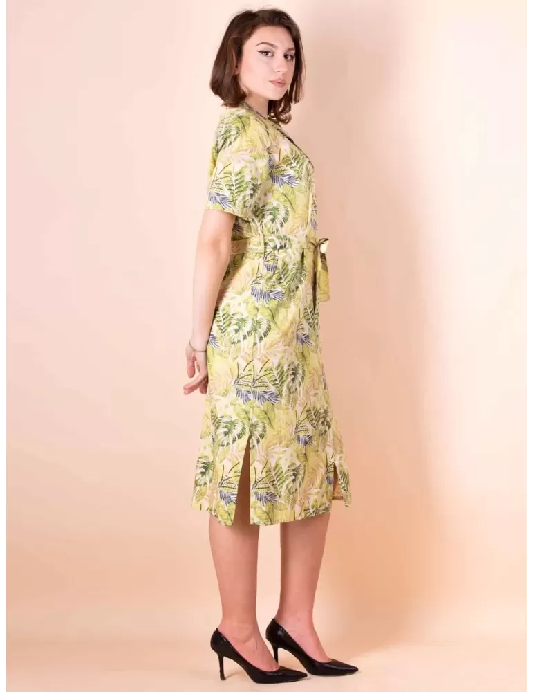 Paz Torras light cotton green safari pattern open midi dress