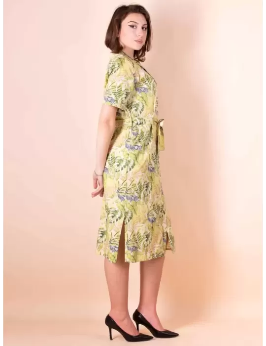 Paz Torras light cotton green safari pattern open midi dress