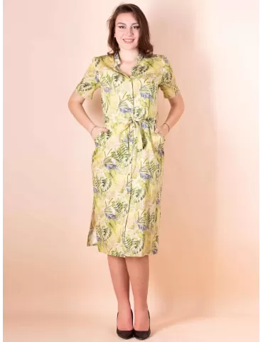 Paz Torras light cotton green safari pattern open midi dress