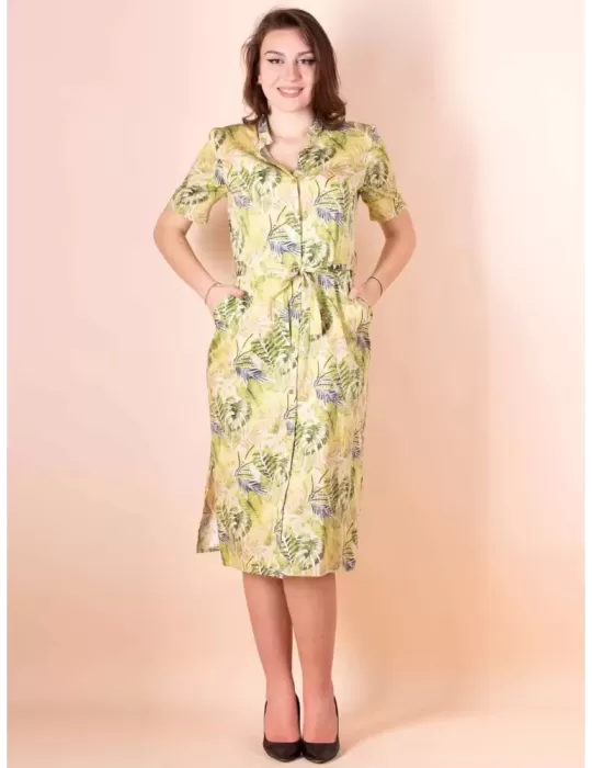 Paz Torras 2023 | Light cotton green safari pattern open midi dress Paz Torras 2023 | Light cotton green safari pattern open midi dress