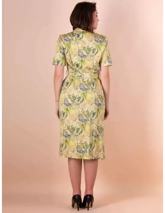 Paz Torras light cotton green safari pattern open midi dress