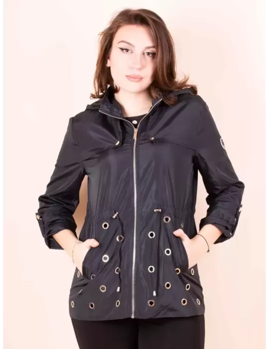 Fuego Woman black raincoat elegant parka jacket with studs Fuego Woman black raincoat elegant parka jacket with studs