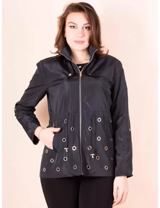 Fuego Woman black raincoat elegant parka jacket with studs