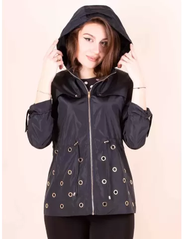Fuego Woman Black raincoat elegant parka jacket with studs plus size 2