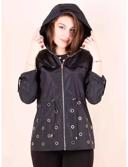 Fuego Woman black raincoat elegant parka jacket with studs