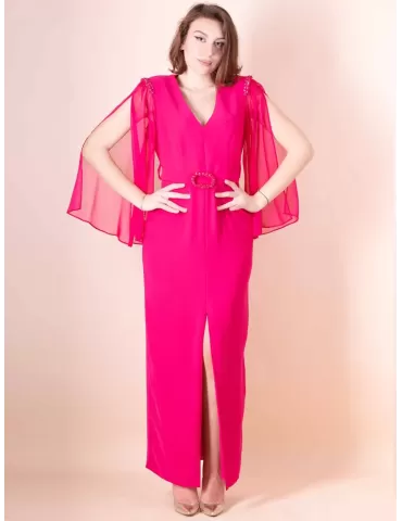 Sonia Pena 1230008 | Fuchsia long formal dress with silk sleeves 2