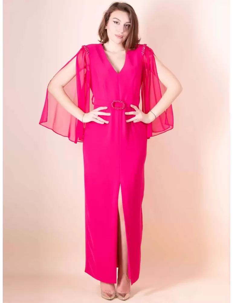 Sonia Pena 1230008 | Fuchsia long formal dress with silk sleeves