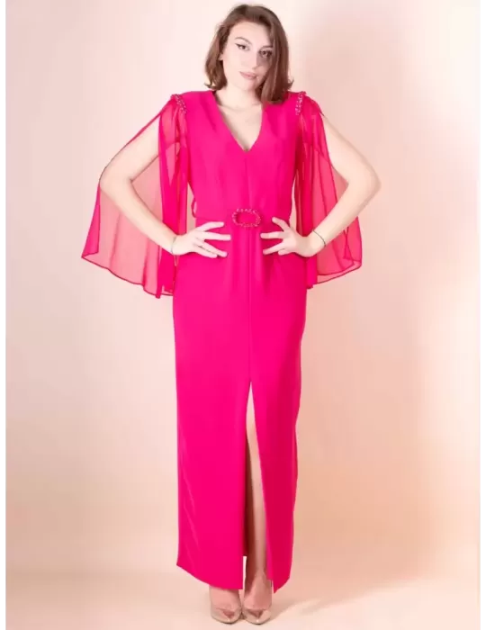 Sonia Pena 1230008 | Abito lungo cady fucsia con maniche chiffon